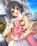  1girl akagi_miria alternate_hairstyle black_hair brown_eyes idolmaster idolmaster_cinderella_girls jacket jacket_on_shoulders open_mouth pajamas pink_clothes short_hair smile solo 