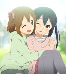  2girls alternate_hairstyle black_hair brown_eyes hirasawa_yui hug k-on! kisuke_(akutamu) long_hair multiple_girls nakano_azusa one_eye_closed pantyhose side_ponytail smile twintails 