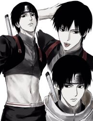  1boy black_eyes black_hair clothing_cutout forehead_protector highres konohagakure_symbol looking_at_viewer male_focus multiple_views naruto_(series) naruto_shippuuden navel pants sai_(naruto) short_hair simple_background skinny sso_s stomach_cutout sword sword_on_back tongue tongue_out weapon weapon_on_back white_background 
