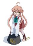  1girl 2015 4suke :d ahoge aqua_bow bangs blush boots bow cross-laced_footwear dated double_bun full_body glasses hair_between_eyes kantai_collection lace-up_boots long_hair long_sleeves makigumo_(kantai_collection) open_mouth orange_hair pantyhose red_skirt school_uniform silver_legwear simple_background skirt skirt_set sleeves_past_wrists smile standing twintails weights white_background yellow_eyes 