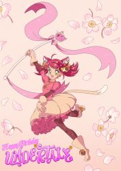  1girl 2018 2d animal_ears anniversary apron bishoujo_senshi_sailor_moon boots bow c-puff cat_ears cat_girl cat_tail copyright_name digital_media dress female female_only flower full_body gloves happy_anniversary happy_birthday heart_necklace highres holding holding_staff holding_weapon humanoid jewelry mad_mew_mew necklace orange_background parody petals pink_boots pink_bow pink_dress pink_flower pink_hair pink_petals pink_ribbon ribbon simple_background solo staff style_parody tadano_kazuko_(style) tail twintails undertale utdr_(toby_fox) weapon white_flower white_petals 