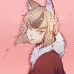  1girl animal_ears bangs blonde_hair blush clockwork-cadaver closed_mouth fire_emblem fire_emblem_if fox_ears fur_trim kinu_(fire_emblem_if) lipstick looking_at_viewer makeup multicolored_hair pink_background polka_dot polka_dot_background portrait short_hair smile solo tassel watermark web_address yellow_eyes 