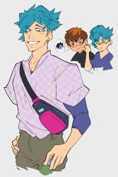  2boys aged_up blue_hair blush brown_eyes brown_hair green_eyes grin hair_between_eyes highres johan_andersen karina_farek male_focus multiple_boys shirt short_hair simple_background smile yu-gi-oh! yu-gi-oh!_gx yuki_judai 