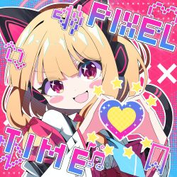  1girl :3 :d absurdres animal_ear_headphones animal_ears arrow_(symbol) beamed_eighth_notes black_tail blonde_hair blue_archive blue_background blue_necktie blush_stickers bow buttons cat_ear_headphones cat_ears cat_tail collared_shirt commentary dress_shirt english_text eyes_visible_through_hair fake_animal_ears fake_tail fang hair_bow halftone halftone_background halo headphones heart heart_hands highres jacket kkukka41 long_sleeves looking_at_viewer low-tied_sidelocks momoi_(blue_archive) multicolored_jacket musical_note necktie off_shoulder open_mouth outline pink_background pink_eyes pink_halo pink_jacket pixel_heart pixel_text red_bow shirt short_hair sidelocks smile solo star_(symbol) tail two-tone_background upper_body v-shaped_eyebrows white_jacket white_outline white_shirt x_(symbol) 
