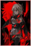  1girl blood blood_splatter bow cowboy_shot elbow_gloves fate/grand_order fate_(series) gloves hair_between_eyes hair_bow japanese_clothes ninja sakura_saber sash scarf short_hair solo thigh-highs tthal zettai_ryouiki 