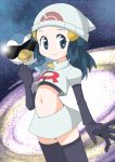  1girl blue_eyes blue_hair cosplay crop_top crop_top_overhang elbow_gloves gloves hainchu hikari_(pokemon) midriff navel piplup pokemon pokemon_(creature) solo sunglasses team_rocket team_rocket_(cosplay) 