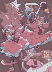 1girl absurdres animal_ears bell black_thighhighs brown_background cat_ears cat_girl cat_tail dress evil_smile gloves green_eyes hair_bell hair_ornament highres holding holding_staff looking_at_viewer mad_mew_mew medium_hair mettaton mettaton_(box) multiple_views open_mouth outstretched_arm pink_dress pink_hair puffy_short_sleeves puffy_sleeves short_sleeves smile staff standing tail thigh-highs twintails udohepu undertale white_gloves