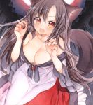  1girl animal_ears bare_shoulders blush breasts brooch brown_hair claw_pose cleavage collarbone dress fang fingernails highres imaizumi_kagerou jewelry large_breasts long_fingernails long_hair long_sleeves looking_at_viewer mugicha0929 nail_polish off_shoulder open_mouth red_eyes shirt skirt smile solo tail touhou traditional_media watercolor_(medium) wide_sleeves wolf_ears wolf_tail 
