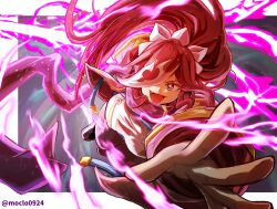  1girl breasts duel_masters electricity energy_sword fang fighting_stance glenglassaugh_(duel_masters) gold_trim hair_over_one_eye high_ponytail highres jacket large_breasts long_hair looking_at_viewer moclo multicolored_hair open_mouth outstretched_arm ponytail pouncing purple_hair purple_scarf reaching reaching_towards_viewer red_hair red_jacket scarf shirt solo sword twitter_username very_long_hair violet_eyes weapon white_shirt 