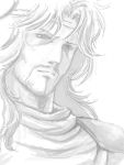  1boy beard circlet facial_hair greyscale hokuto_no_ken jewelry long_hair male_focus monochrome okinu portrait sketch solo spaulders toki_(hokuto_no_ken) white_hair 