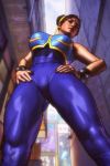  1girl abs alternate_costume bodystocking bodysuit breasts brown_hair chun-li double_bun from_below hair_ribbon hands_on_hips large_breasts lips revision ribbon short_hair sleeveless solo street_fighter street_fighter_zero studded_bracelet system_bleed thick_thighs thighs vest 