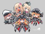  5girls airplane bismarck_(kantai_collection) black_legwear black_panties blonde_hair blue_eyes chibi crop_top detached_sleeves flower gloves graf_zeppelin_(kantai_collection) green_eyes grey_background hair_flower hair_ornament hands_on_hips hat heart kantai_collection kneehighs long_hair machinery miniskirt multiple_girls one_eye_closed open_mouth panties pantyhose parted_lips peaked_cap pleated_skirt prinz_eugen_(kantai_collection) remodel_(kantai_collection) ro-500_(kantai_collection) sailor_dress school_swimsuit shibi sidelocks simple_background skirt smile swimsuit tan thigh-highs tsurime turret twintails u-511_(kantai_collection) underwear uniform white_gloves 