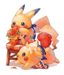  apron cherry cream eating food fruit happy haru_harugaya2 highres holding holding_food holding_sandwich no_humans on_stool open_mouth pikachu pokemon pokemon_(creature) pokemon_focus sandwich simple_background stool tail white_background 