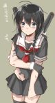  1girl ahoge black_gloves black_hair blue_eyes braid gloves green_background hair_over_shoulder hair_ribbon holding_arm kantai_collection long_hair otototo ribbon school_uniform scratches serafuku shigure_(kantai_collection) single_braid sketch skirt solo tears torn_clothes translation_request 