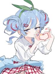  1girl blue_cardigan blue_eyes blue_hair blush bow cardigan cardigan_around_waist cherry_pop_(vocaloid) closed_mouth clothes_around_waist collared_shirt commentary_request double_bun green_hairband green_ribbon hair_bun hair_ornament hair_ribbon hairband hands_up hatsune_miku heart heart_hair_ornament heart_hands highres looking_at_viewer multicolored_hair plaid_bow plaid_clothes plaid_skirt pleated_skirt red_hair ribbon school_uniform sha2mo shirt simple_background skirt solo streaked_hair vocaloid white_background white_bow white_shirt white_skirt 