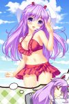  1girl :d animal_ears bare_arms bare_shoulders bikini bikini_skirt blue_sky breasts cleavage closed_eyes dreaming head_on_table highres houkiboshi looking_at_viewer midriff navel open_mouth purple_hair rabbit_ears red_bikini reisen_udongein_inaba shirt sky sleeping smile solo stomach swimsuit touhou violet_eyes waving white_shirt 
