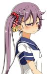  1girl akebono_(kantai_collection) bell blush commentary_request flower hair_bell hair_between_eyes hair_flower hair_ornament hair_scrunchie kantai_collection long_hair ponytail purple_hair school_uniform scrunchie serafuku shino_(ponjiyuusu) short_sleeves side_ponytail solo sweat violet_eyes 