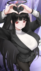  1girl absurdres black_hair black_jacket black_pantyhose black_shoes black_skirt blazer blue_archive blunt_bangs breasts commentary english_commentary grin hair_ornament hairclip halo heart heart_hands high_heels highres jacket large_breasts long_hair looking_at_viewer pantyhose pleated_skirt red_eyes rio_(blue_archive) ryuvie shoes skirt smile solo sweater turtleneck turtleneck_sweater very_long_hair watch watch white_sweater 