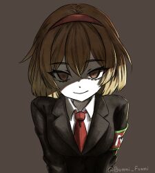  1girl armband black_jacket brown_background brown_eyes brown_hair closed_mouth collared_shirt funnibunni hairband jacket lobotomy_corporation long_sleeves looking_at_viewer malkuth_(project_moon) medium_hair necktie project_moon red_armband red_hairband red_necktie shaded_face shirt simple_background smile solo twitter_username upper_body white_shirt 