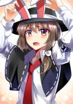  1girl animal_ears arms_up blush brown_eyes brown_hair capelet e.o. hat hat_ribbon highres necktie open_mouth rabbit_ears ribbon shirt solo touhou upper_body usami_renko 