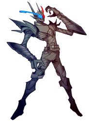  1boy armor black_armor black_bodysuit blue_eyes bodysuit build_driver compound_eyes fullbottle glowing glowing_eyes hazard hazard_trigger heterochromia highres kamen_rider kamen_rider_build kamen_rider_build_(rabbittank_hazard_form) kamen_rider_build_(series) looking_at_viewer male_focus rabbit_fullbottle red_eyes rider_belt science_fiction shoulder_armor solo tank_fullbottle tokusatsu toriyarou 