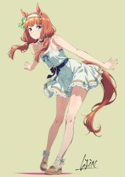  1girl animal_ears bare_legs blue_choker blue_eyes blue_ribbon blunt_bangs blush choker closed_mouth commentary_request dress dress_ribbon feet flat_chest_joke frown full_body green_background hair_over_shoulder hair_ribbon hairband highres horse_ears horse_girl horse_tail kibidango_14-gou leaning_forward legs long_hair looking_at_viewer low_twintails orange_hair orange_tail outstretched_arms ribbon sandals shadow short_dress silence_suzuka_(umamusume) simple_background sleeveless sleeveless_dress solo sphere_hair_ornament spread_arms standing striped_ribbon tail toes twintails umamusume white_dress white_hairband 