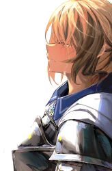  1girl absurdres armor blonde_hair brown_hair cloak closed_mouth crying enigmatic_recollection from_side gigi_murin highres hololive hololive_english multicolored_hair simple_background solo spicyyrum tears two-tone_hair virtual_youtuber white_background white_cloak 