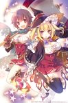  2girls axe blonde_hair breasts brown_eyes brown_hair cleavage elbow_gloves gloves hat jonejung multiple_girls official_art original short_hair thigh-highs weapon witch_hat 