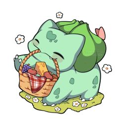  absurdres basket blush bulbasaur closed_eyes closed_mouth fangs field flower grass happy highres holding holding_basket no_humans pokemon pokemon_(creature) pokemon_focus sevi_(seviyummy) smile 