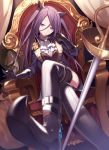  1girl animal_ears black_gloves black_legwear blue_eyes boots cat_ears chair crossed_legs elbow_gloves gloves hijiri_(resetter) long_hair original purple_hair sitting solo sword thigh-highs thigh_strap very_long_hair weapon zettai_ryouiki 