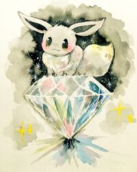  alternate_color animal_focus black_eyes closed_mouth diamond_(gemstone) eevee full_body looking_at_viewer no_humans non_(kumakawayusu) painting_(medium) pokemon pokemon_(creature) shiny_pokemon smile solo traditional_media watercolor_(medium) 