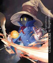  1boy black_mage_(final_fantasy) blue_coat boots brown_boots brown_gloves coat cofffee dated final_fantasy final_fantasy_ix fire fireball gloves glowing glowing_eyes hat holding holding_staff magic male_focus panties solo staff striped_clothes striped_panties twitter_username underwear vivi_ornitier wizard_hat yellow_eyes 