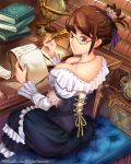  1girl blue_eyes book braid breasts brown_hair cleavage collarbone corset glasses globe inkwell jewelry looking_back necklace quill sitting solo suoni_(deeperocean) table 