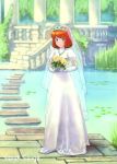  1girl blue_eyes blush bouquet bridal_veil bride castle_of_cagliostro clarisse_de_cagliostro column commentary_request cross dress elbow_gloves emerald flower gloves grass jewelry lake lily_pad looking_at_viewer outdoors pendant pillar redhead sarah_sauge satin satin_dress short_hair smile solo stepping_stones stone_wall tiara veil wall water wedding_dress 