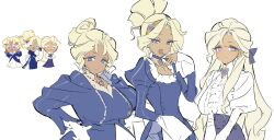  3girls :d blonde_hair blue_bow blue_choker blue_dress blue_eyes bow breasts buttons center_frills choker closed_mouth collarbone cookie_run cookie_run:_kingdom dark-skinned_female dark_skin double-breasted dress earrings finger_to_mouth flat_color frilled_choker frilled_sleeves frills gloves gold_hairband gold_necklace hair_bow hair_bun hairband hand_up hands_on_own_hips highres humanization jewelry juliet_sleeves large_breasts long_hair long_sleeves madeleine_cookie&#039;s_first_auntie madeleine_cookie&#039;s_second_auntie madeleine_cookie&#039;s_third_auntie multiple_girls necklace official_art_inset ohta_guk_hip open_mouth pinstripe_dress pinstripe_pattern plump protected_link puffy_sleeves reference_inset shirt short_hair siblings simple_background single_hair_bun sisters small_breasts smile v_arms very_long_hair wavy_hair white_background white_gloves white_shirt 