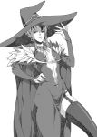 1girl blazblue breasts cape center_opening cleavage earrings eight_(blazblue) gloves hat jewelry long_hair monochrome sami_(object_dump) solo 
