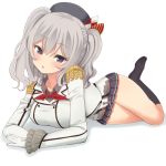  1girl blue_eyes breasts full_body gloves hat kantai_collection kashima_(kantai_collection) kemu_(pixiv463430) large_breasts long_hair lying military military_uniform on_stomach open_mouth silver_hair skirt solo twintails uniform wavy_hair 