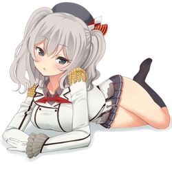  1girl blue_eyes breasts full_body gloves hat kantai_collection kashima_(kantai_collection) kemu_(pixiv463430) large_breasts long_hair lying military military_uniform on_stomach open_mouth silver_hair skirt solo twintails uniform wavy_hair 