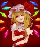 1girl adapted_costume blonde_hair breasts choker cleavage crystal detached_collar dress fangs flandre_scarlet hat hat_ribbon heart heart-shaped_pupils mob_cap nakaya_(pixiv2496296) red_background red_dress red_eyes ribbon side_ponytail simple_background smile solo strapless_dress symbol-shaped_pupils touhou uneven_eyes upper_body wings wrist_cuffs 