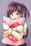  1girl ahoge commentary_request gloves hagikaze_(kantai_collection) highres kamelie kantai_collection long_hair pillow pillow_hug purple_hair side_ponytail skirt solo tears yes-no_pillow 