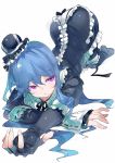  1girl blue_hair gloves hat kiyoichi_(acacia_soukyoukai) lying violet_eyes 