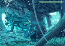  1girl air_bubble animal_ears blue_background bouhuman breasts bubble commentary_request commission diving_regulator diving_suit flippers goggles heads-up_display imaizumi_kagerou industrial_pipe light_rays long_hair medium_breasts ruins ship shrimp skeb_commission snorkel solo swim_goggles swimming tail tank_(container) touhou underwater user_interface watercraft window wolf_ears wolf_girl wolf_tail 