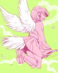  1girl :d bow_(weapon) feathers flying full_body green_background hakama hakama_short_skirt hakama_skirt holding holding_bow_(weapon) holding_weapon japanese_clothes kneehighs legs_up looking_at_viewer minatosu multiple_monochrome sengoku_basara short_hair skirt smile socks solo tsuruhime_(sengoku_basara) weapon wings 