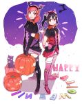  14_(vision5032) 2girls :3 animal_ears bat_wings bell bell_collar black_cat black_hair cat cat_ears cat_tail collar elbow_gloves fang gloves hair_ornament hair_ribbon hairband halloween hands_on_hips highres jack-o&#039;-lantern looking_at_viewer love_live!_school_idol_project multiple_girls nishikino_maki open_mouth paw_gloves red_eyes redhead ribbon star_hair_ornament tail thigh-highs twintails violet_eyes winged_hairband wings yazawa_nico 
