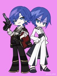 25-ji_kaito 2boys black_boots black_gloves black_pants black_shoes blue_eyes blue_hair boots coat coat_on_shoulders commentary_request dual_persona frown gloves grin gun hand_on_own_hip handgun high_heel_boots high_heels highres holding holding_gun holding_weapon kaito kaito_(vocaloid) keikyoku_no_machi_wa_doko_e_(project_sekai) looking_at_viewer male_focus mone_sekai multiple_boys never_give_up_cooking!_(project_sekai) pants panty_&amp;_stocking_with_garterbelt parody pink_background project_sekai shaded_face shirt shoes short_hair simple_background smile style_parody twitter_username vivid_bad_squad_kaito vocaloid weapon white_pants white_shirt