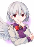  1girl akagashi_hagane bowtie dress gradient gradient_background kishin_sagume long_sleeves looking_to_the_side purple_dress red_eyes short_hair silver_hair single_wing solo touhou upper_body wings 