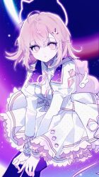 1girl :o animal_bag black_thighhighs breasts brown_hair cat_bag cheong_(nept1211) danganronpa_(series) danganronpa_2:_goodbye_despair dress flipped_hair gloves halo highres juliet_sleeves long_sleeves medium_breasts nanami_chiaki neck_ribbon pink_bag pink_eyes pink_ribbon puffy_sleeves ribbon solo spaceship_hair_ornament thigh-highs white_dress white_gloves 