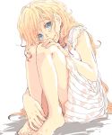  1girl barefoot blonde_hair blue_eyes dress hjm kyoukaisenjou_no_horizon leg_hug long_hair looking_at_viewer mary_stuart pink_dress scar sitting smile solo 