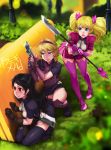  3girls black_hair black_legwear blonde_hair blue_eyes blush breasts brown_gloves commentary feguimel gloves gun heart heart-shaped_pupils highres holding_gun holding_weapon knee_pads knife long_hair multiple_girls open_mouth original polearm purple_legwear red_eyes sheath sheathed short_hair skirt smile squatting symbol-shaped_pupils teeth thigh-highs twintails weapon 