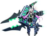  1girl armor cosmic_break emblem feathers green_eyes hair_ornament highres lasker mecha_musume multicolored_hair purple_hair ribbon solo tagme tattoo twintails two-tone_hair weapon white_hair 